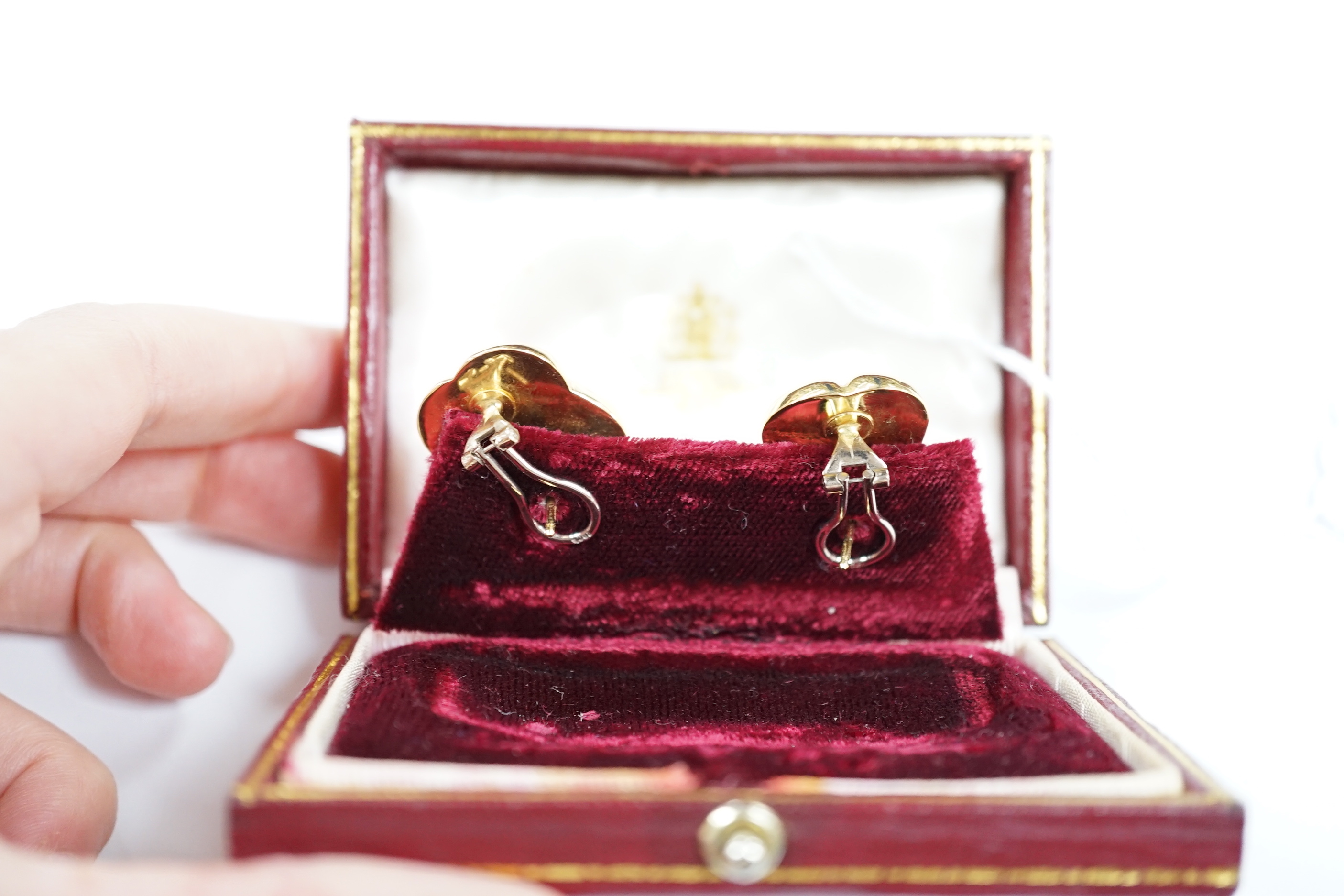 A modern pair of 18ct 'oak leaf' earrings, by Asprey & Co, 26mm, in Asprey & Co gilt tooled leather box